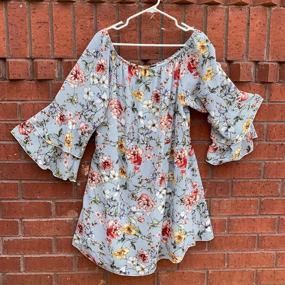 Blush Dresses & Skirts - Off The Shoulder Striped/Floral Dress